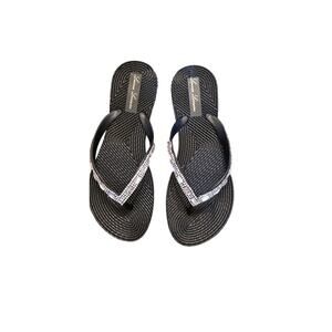 Lauren Lorraine Gigi Black Rhinestone Flip Flops Sandals Size 6 NWT